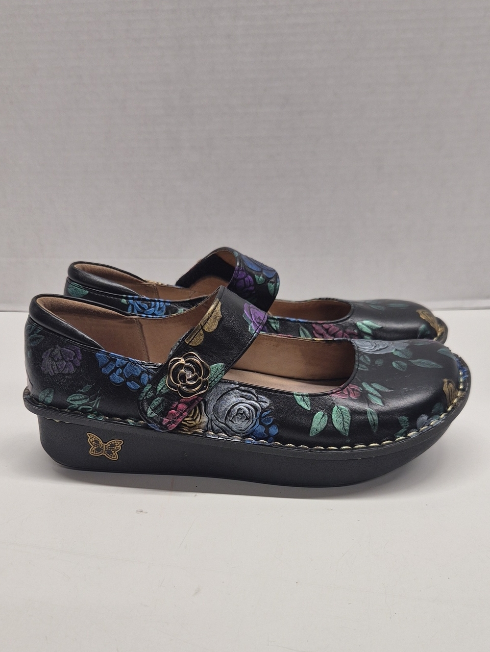 Alegria Paloma Mary Jane Leather Comfy Shoes Platform Floral Butterflies Black 9
